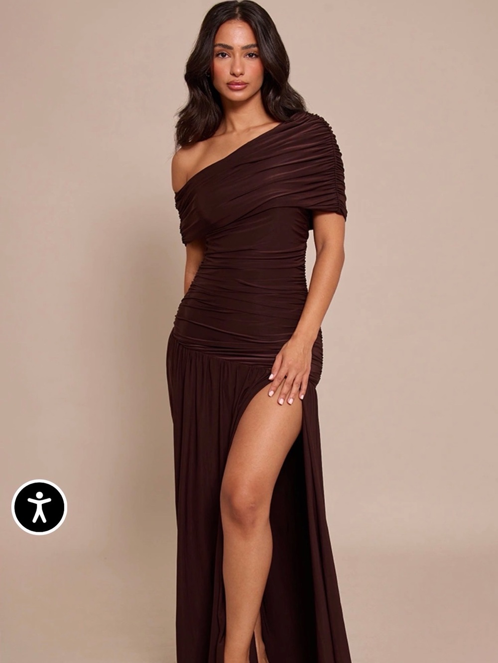 PrettyLittleThing One-Shoulder Ruched Chocolate Brown Maxi Dress